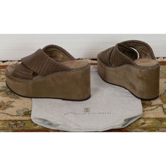 $1550 BRUNELLO CUCINELLI WOVEN LEATHER BROWN PLATFORM SANDALS WITH MONILI 37 - Picture 6 of 10